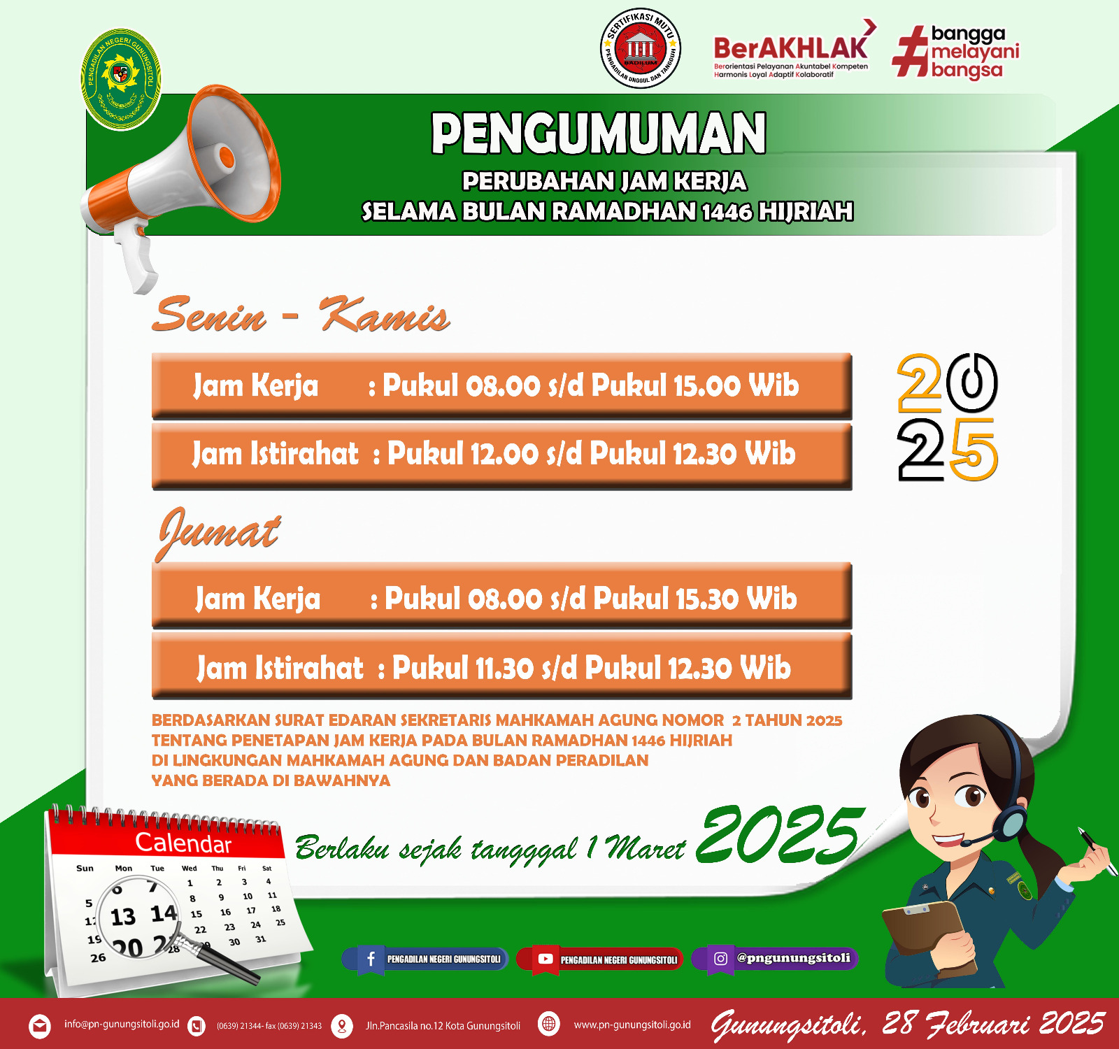 Jam Kerja di Pengadilan Negeri Gunungsitoli dan Pengadilan Negeri Se-Wilayah Hukum Pengadilan Tinggi Medan